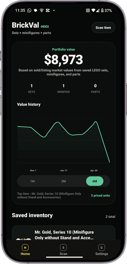 BrickVal portfolio value screen showing saved LEGO inventory and a value chart