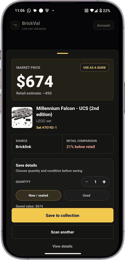 BrickVal market price result screen for a Millennium Falcon LEGO set